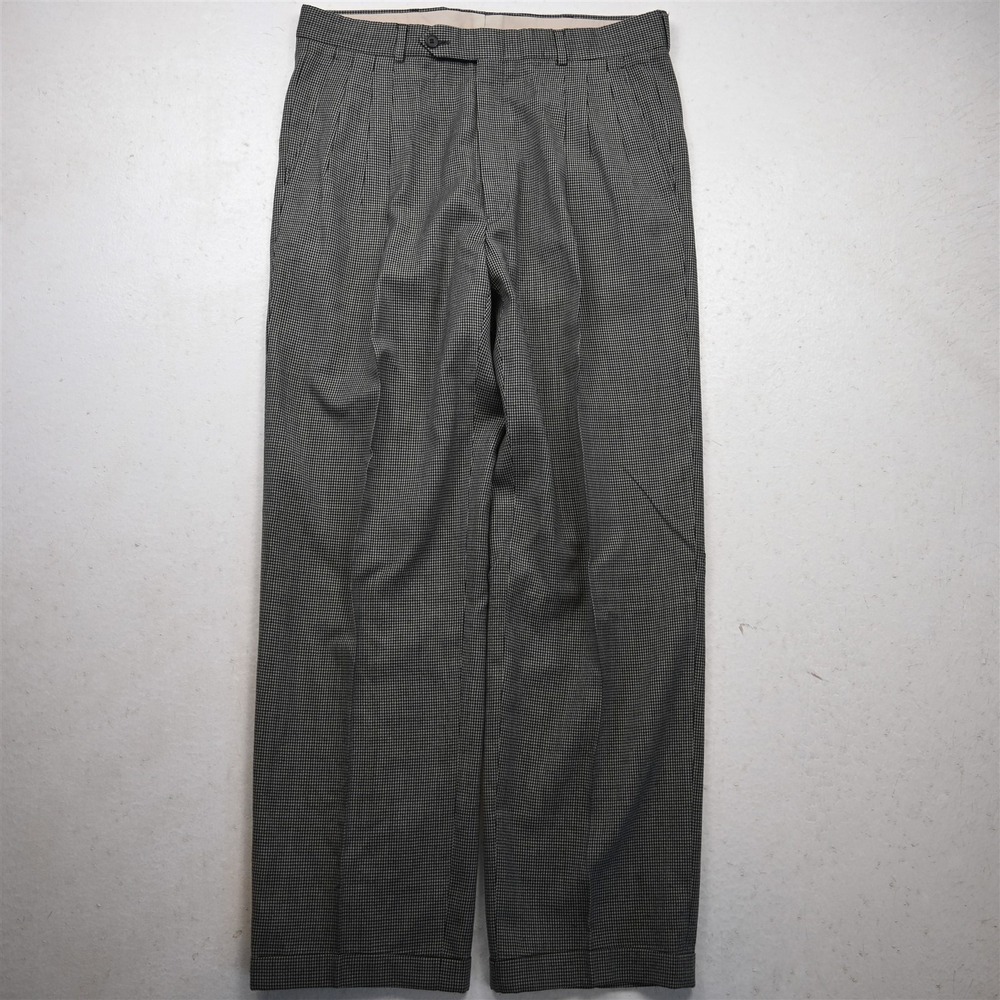 Vtg Bespoke 33x32 Gray Houndstooth Wool Pleated Cuffed High Waist Baggy Pants